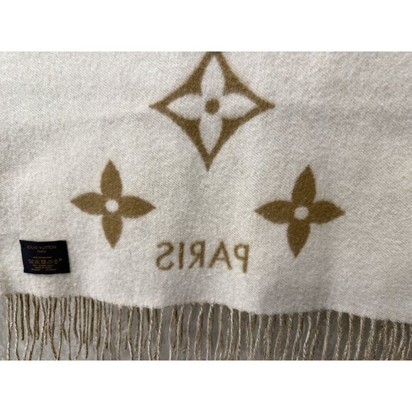 LOUIS VUITTON Monogram Reversible 100% Cashmere Scarf In Cream & Caramel Made In - Picture 6 of 8